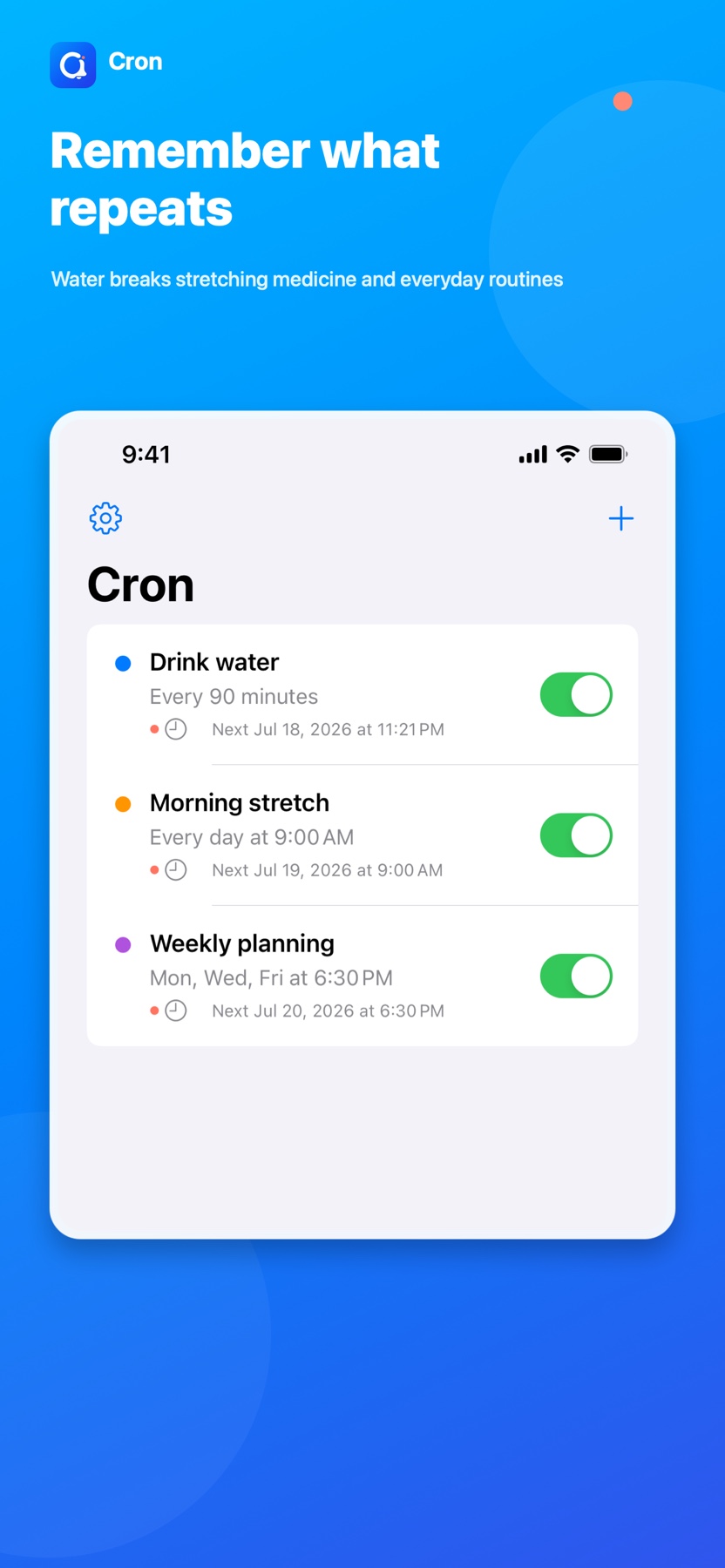 Cron list with recurring water stretching and weekly planning alerts
