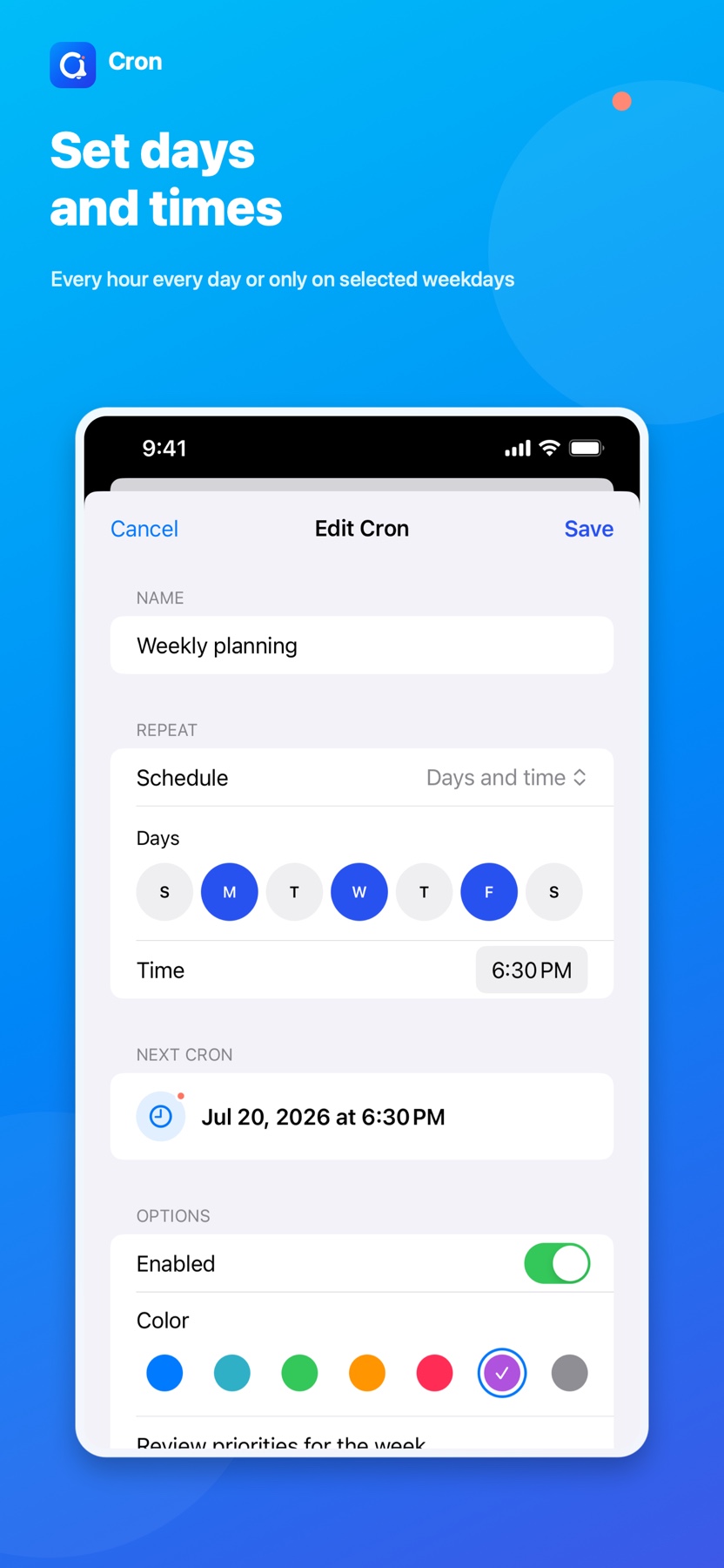 Cron editor showing recurring alerts on selected weekdays
