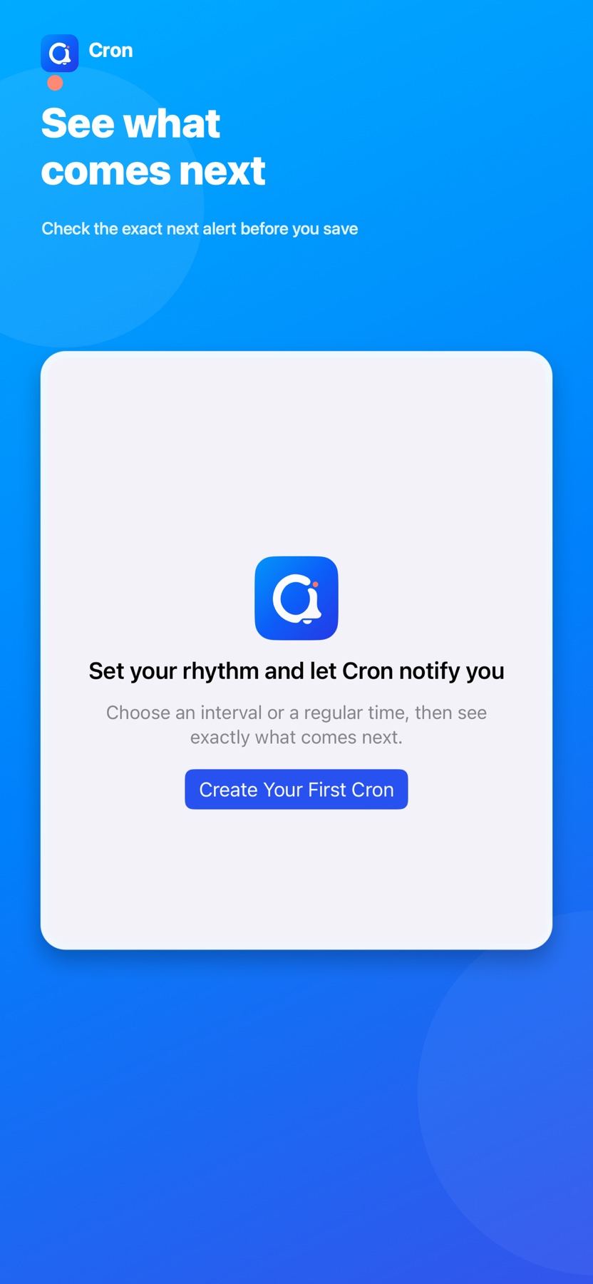 Cron empty state explaining intervals and regular times
