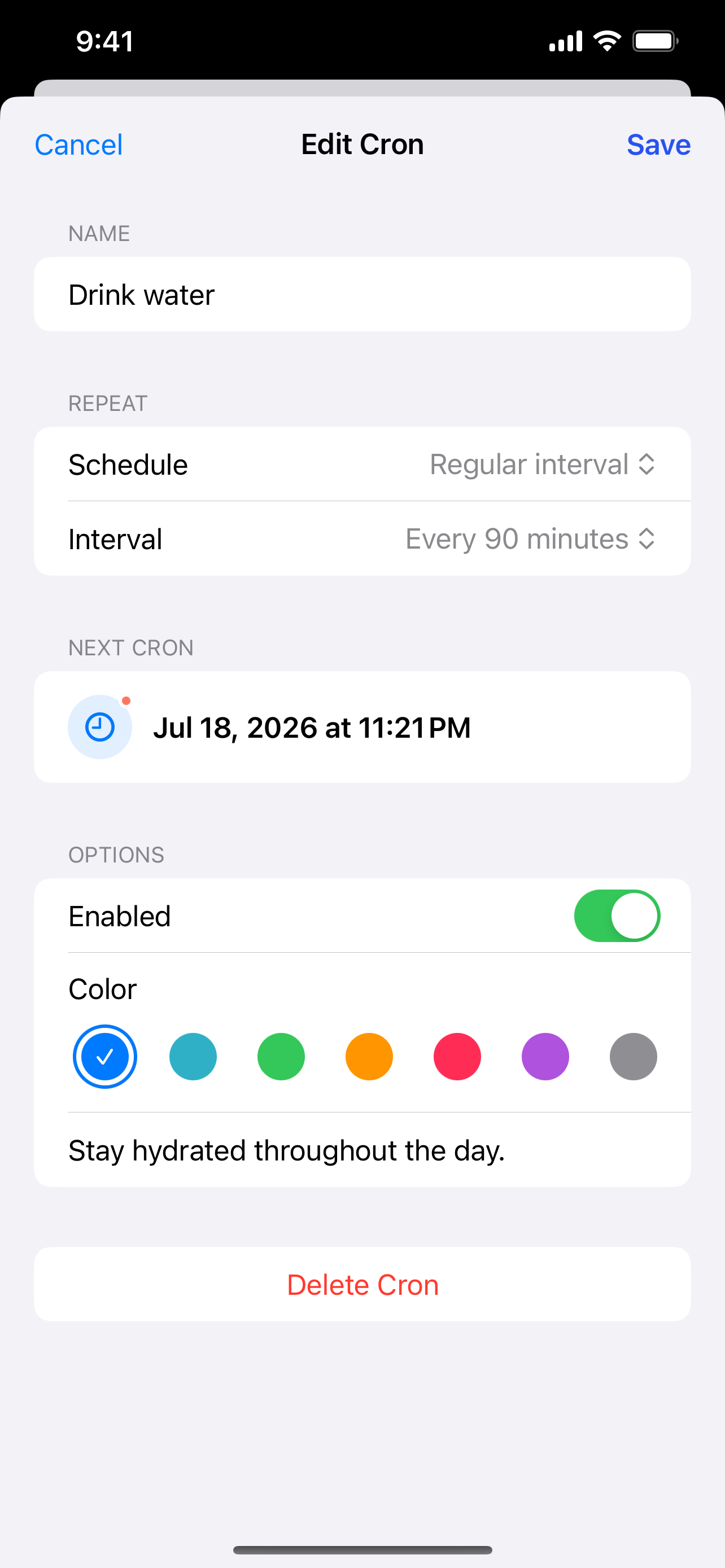 Cron editor showing a 90 minute recurring water alert and the exact next notification