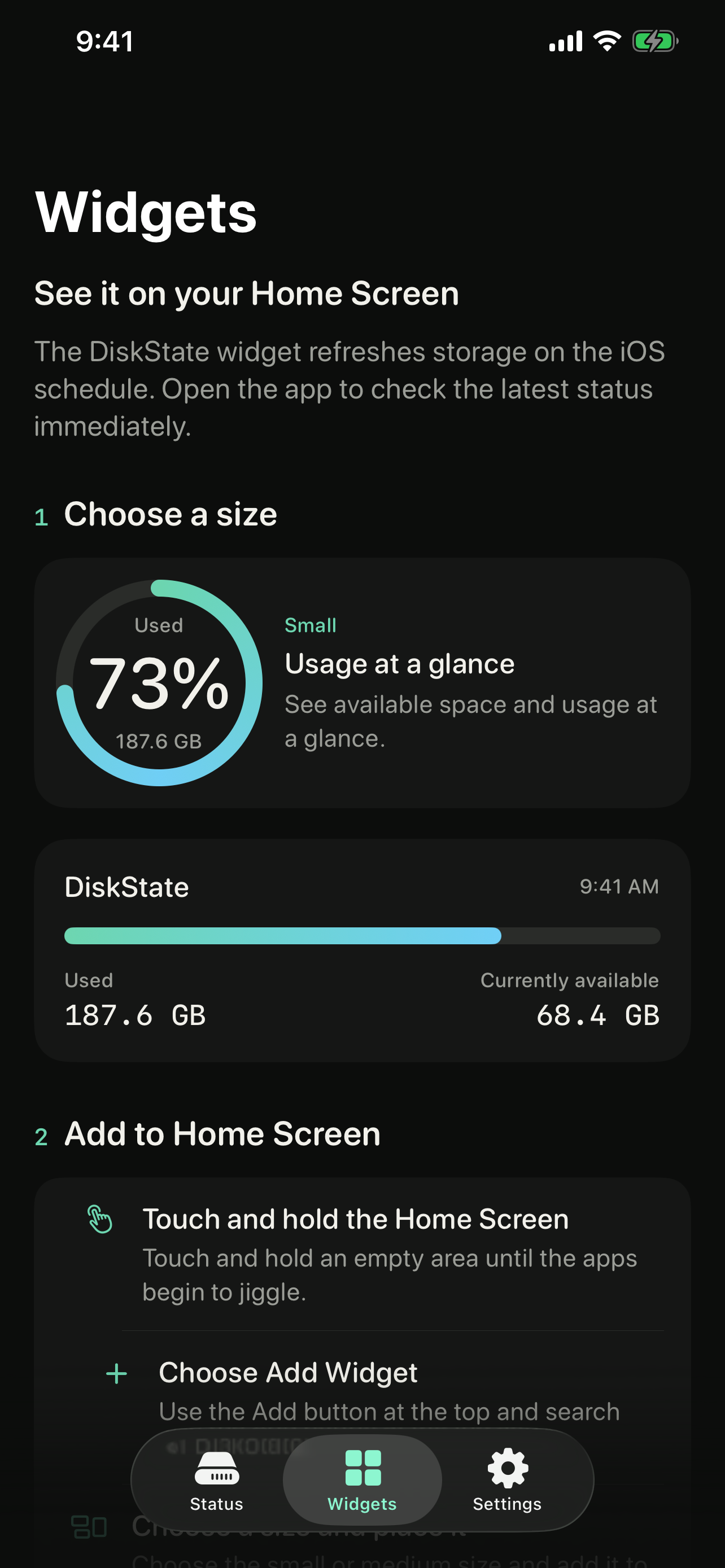 DiskState widget previews showing the current storage state