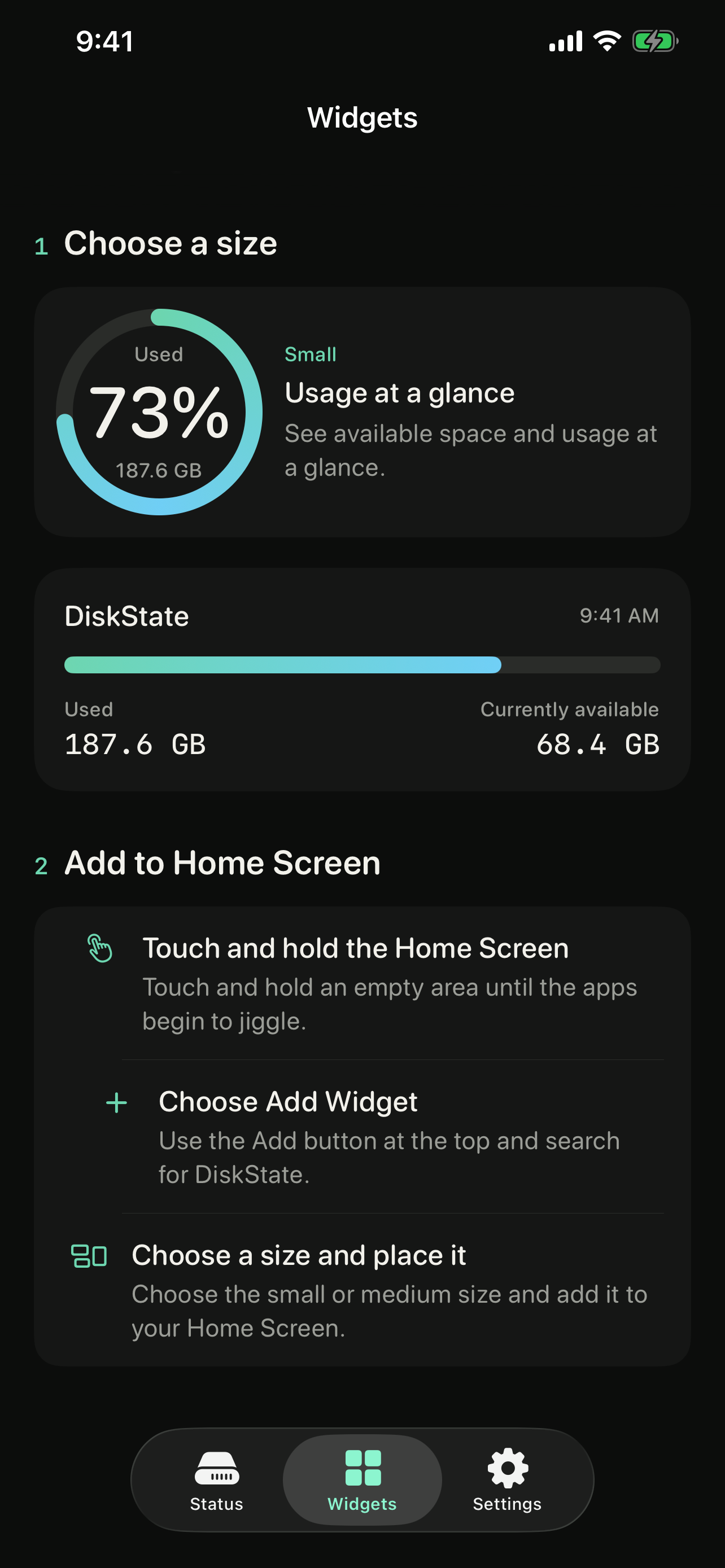 DiskState guide for adding a widget to the Home Screen
