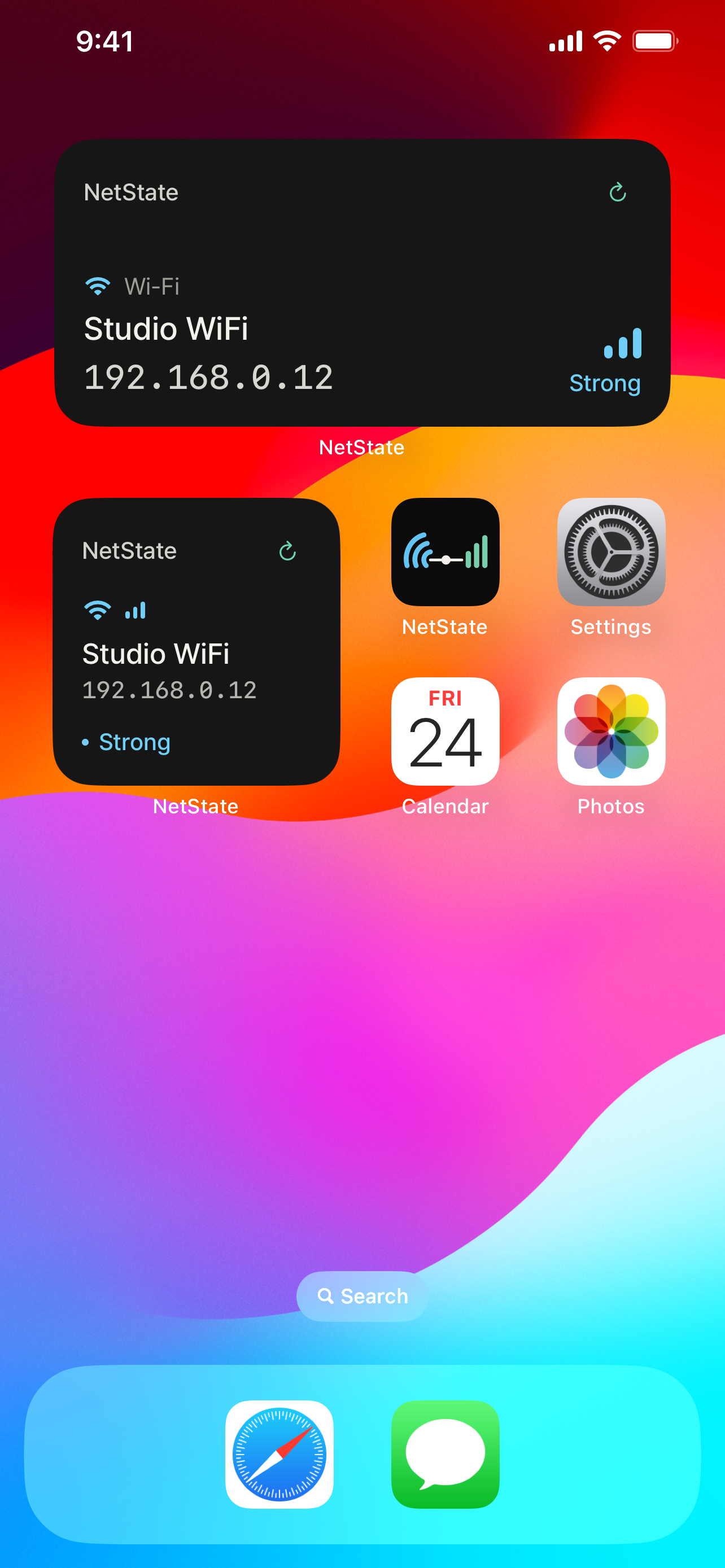 iPhone Home Screen showing NetState Small and Medium widgets with Studio WiFi and local IP address 192.168.0.12