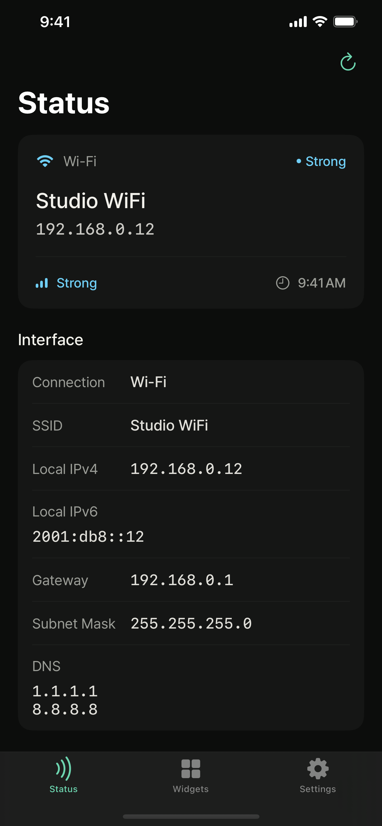 NetState Status screen showing SSID, IPv4, IPv6, gateway, subnet mask, and DNS