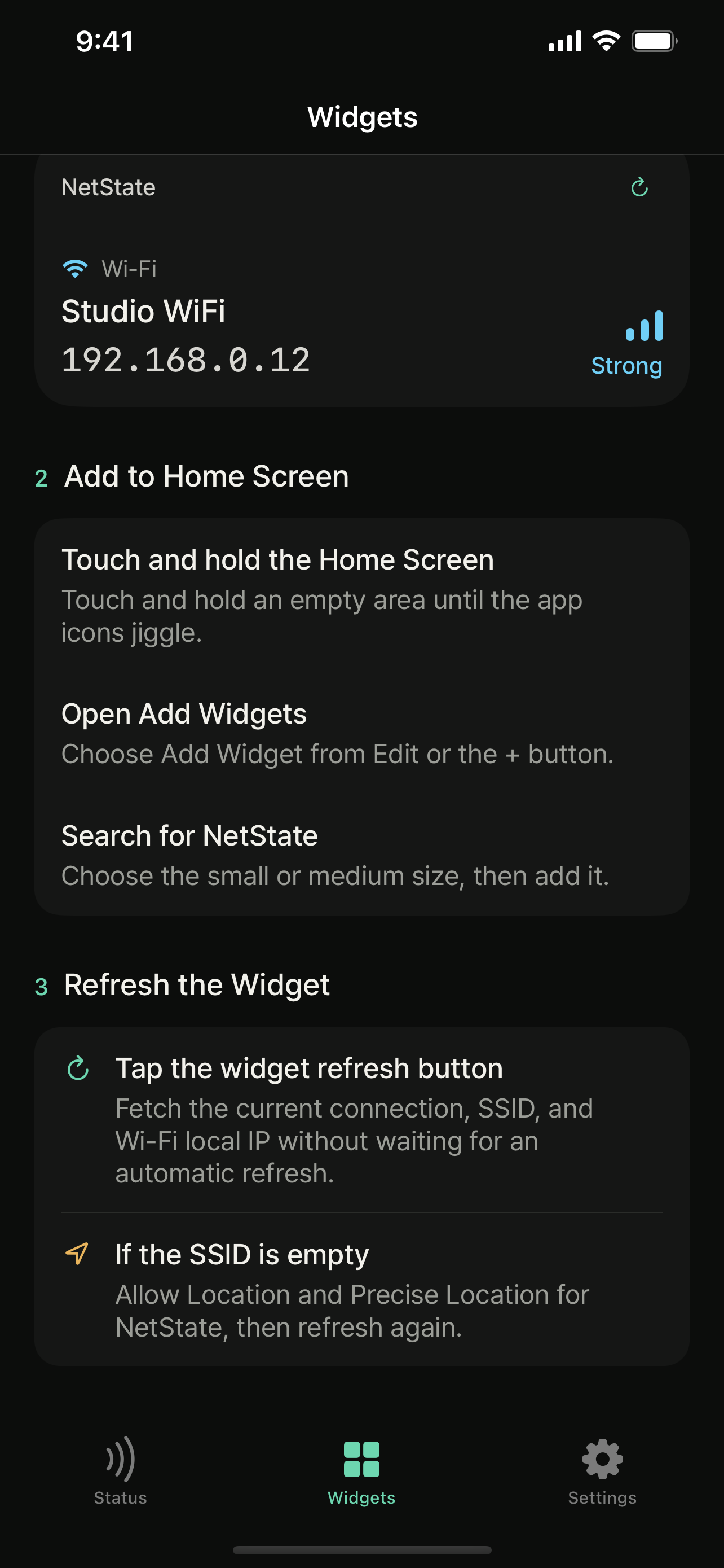 NetState widget installation and refresh guide