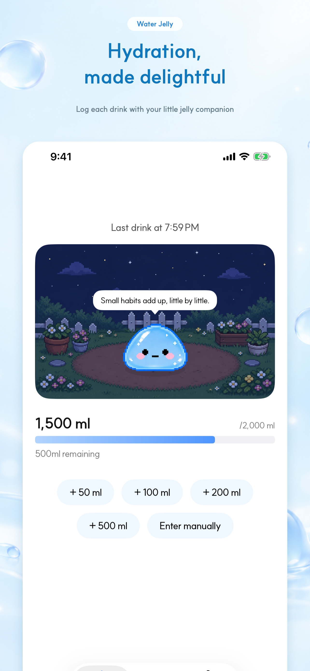 Water Jelly home screen showing 1,500ml logged, quick-entry buttons, and the Jelly character.