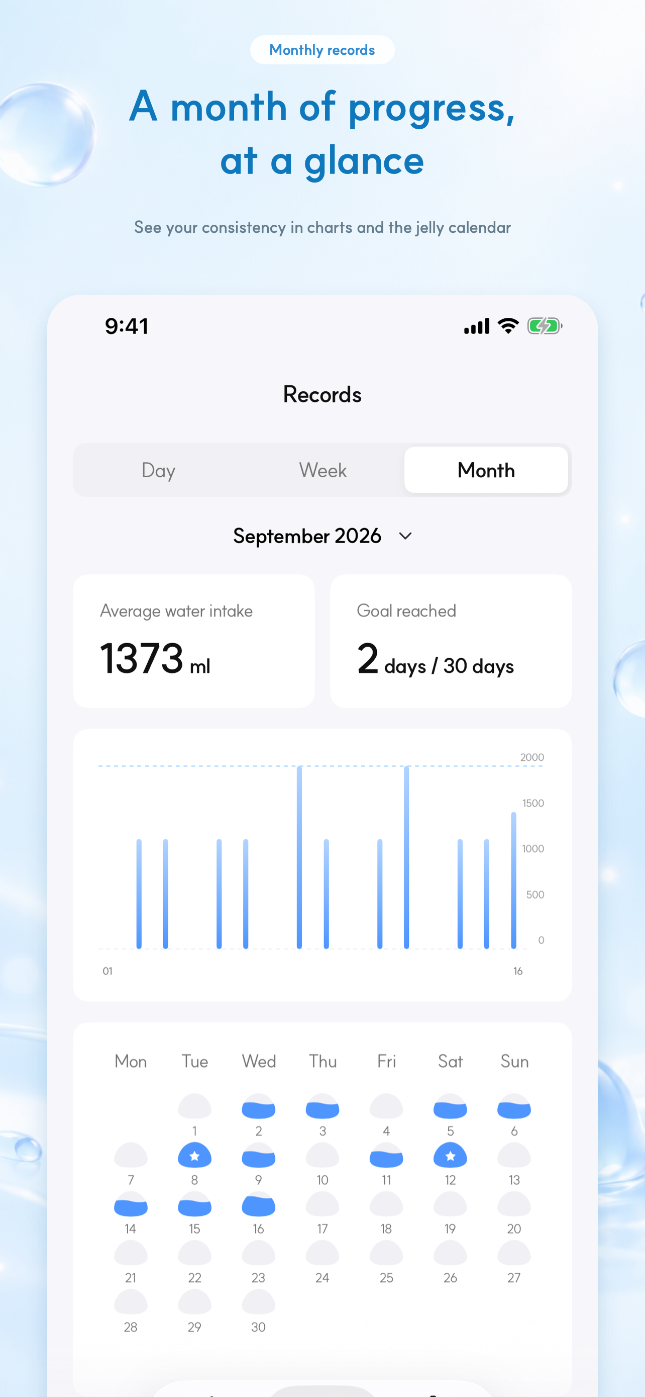 Water Jelly monthly records screen