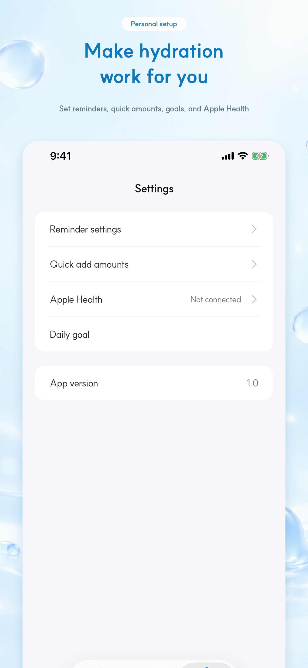 Water Jelly settings screen